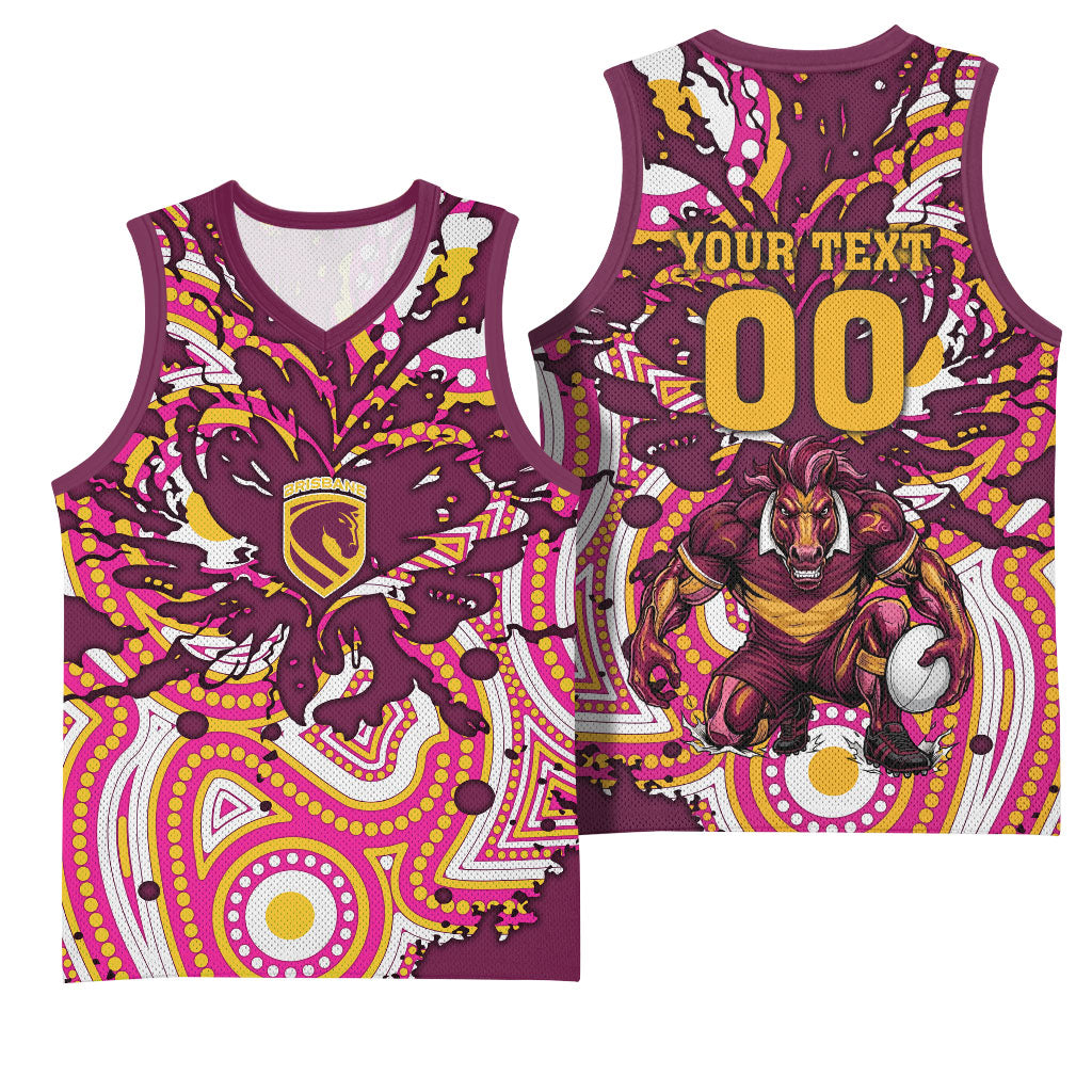 Personalised Brisbane Broncos Rugby Basketball Jersey Aboriginal Art Style Pink And Gold Patterned Graphics