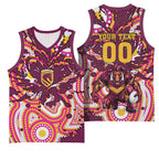 Personalised Brisbane Broncos Rugby Basketball Jersey Aboriginal Art Style Pink And Gold Patterned Graphics