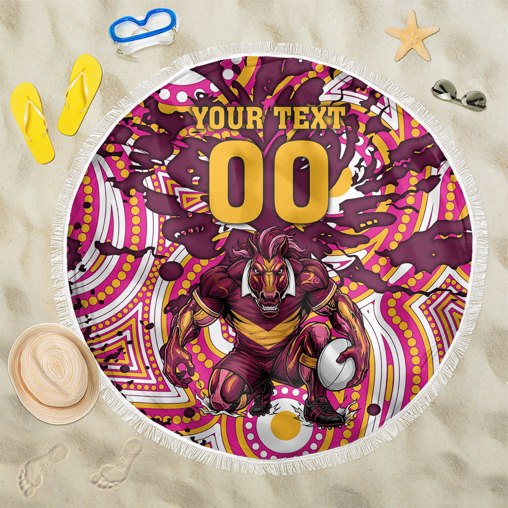 Personalised Brisbane Broncos Rugby Beach Blanket Aboriginal Art Style Pink And Gold Patterned Graphics