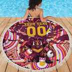 Personalised Brisbane Broncos Rugby Beach Blanket Aboriginal Art Style Pink And Gold Patterned Graphics