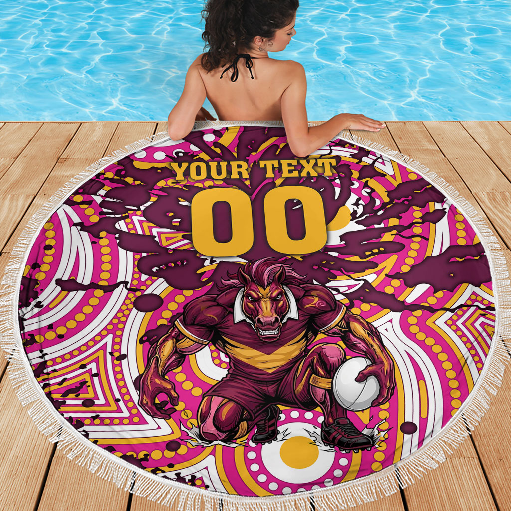 Personalised Brisbane Broncos Rugby Beach Blanket Aboriginal Art Style Pink And Gold Patterned Graphics