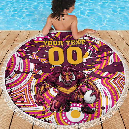 Personalised Brisbane Broncos Rugby Beach Blanket Aboriginal Art Style Pink And Gold Patterned Graphics