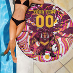 Personalised Brisbane Broncos Rugby Beach Blanket Aboriginal Art Style Pink And Gold Patterned Graphics