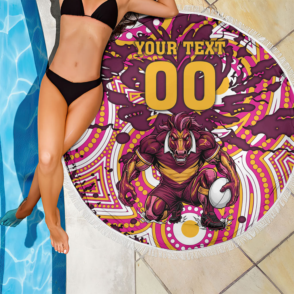 Personalised Brisbane Broncos Rugby Beach Blanket Aboriginal Art Style Pink And Gold Patterned Graphics