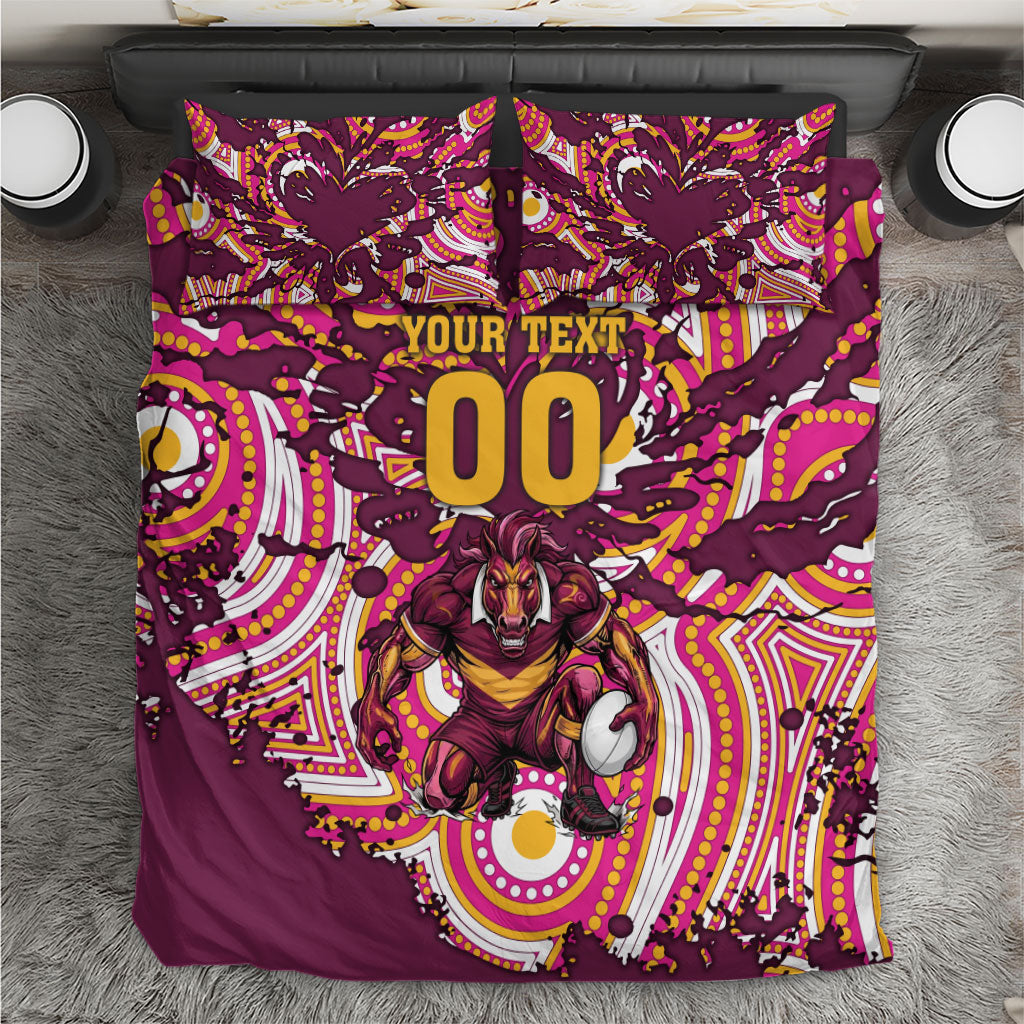 Personalised Brisbane Broncos Rugby Bedding Set Aboriginal Art Style Pink And Gold Patterned Graphics