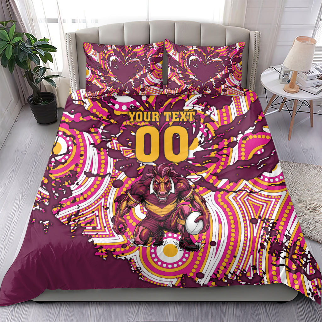 Personalised Brisbane Broncos Rugby Bedding Set Aboriginal Art Style Pink And Gold Patterned Graphics