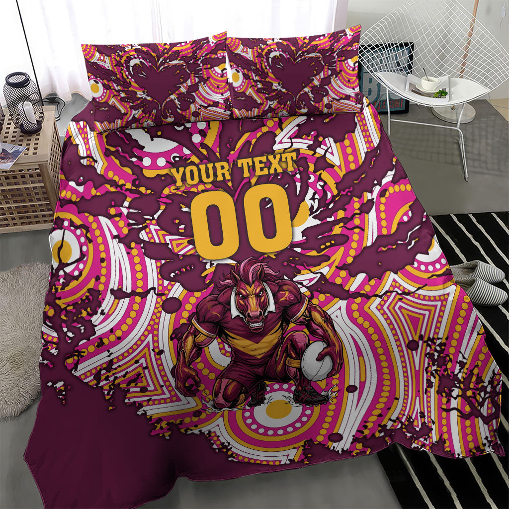 Personalised Brisbane Broncos Rugby Bedding Set Aboriginal Art Style Pink And Gold Patterned Graphics
