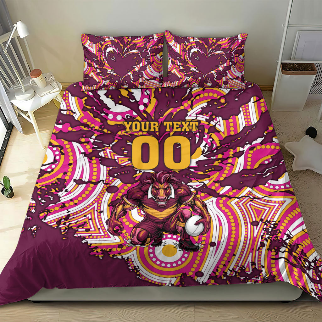 Personalised Brisbane Broncos Rugby Bedding Set Aboriginal Art Style Pink And Gold Patterned Graphics