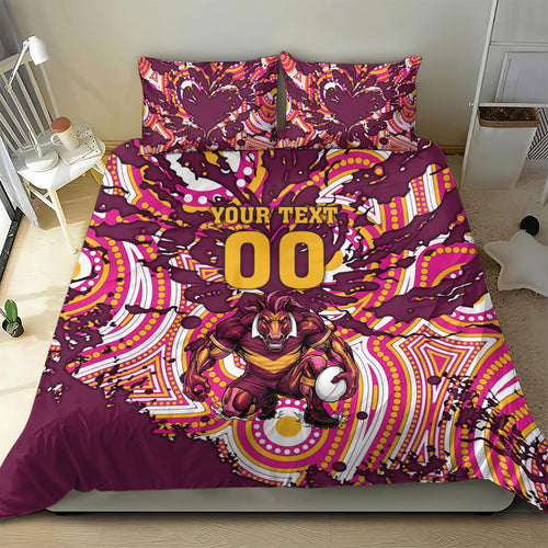 Personalised Brisbane Broncos Rugby Bedding Set Aboriginal Art Style Pink And Gold Patterned Graphics