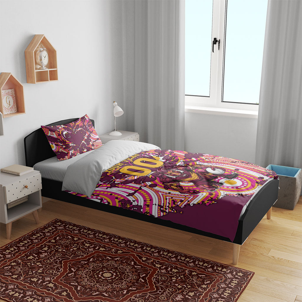 Personalised Brisbane Broncos Rugby Bedding Set Aboriginal Art Style Pink And Gold Patterned Graphics