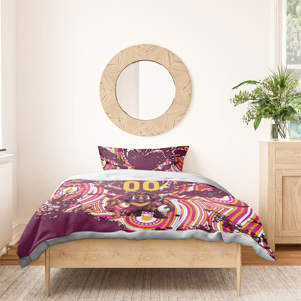 Personalised Brisbane Broncos Rugby Bedding Set Aboriginal Art Style Pink And Gold Patterned Graphics