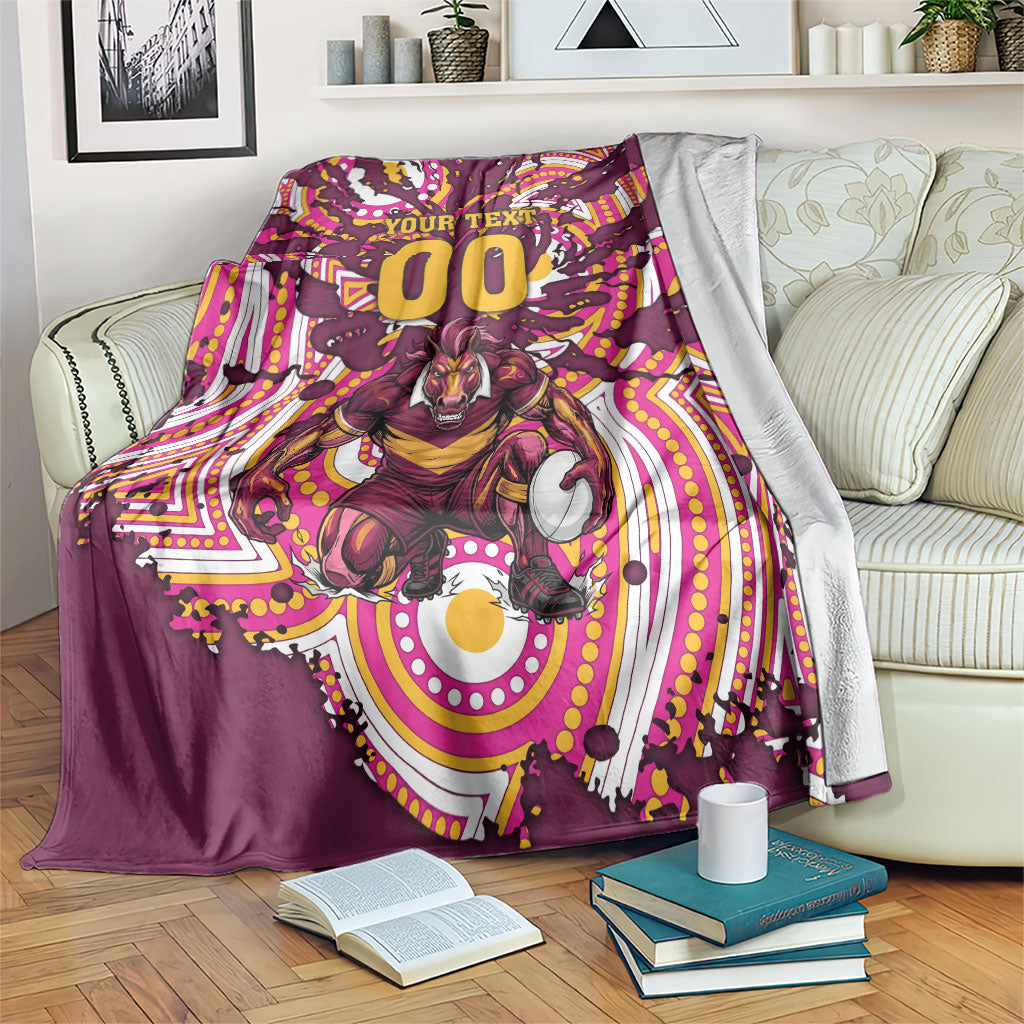 Personalised Brisbane Broncos Rugby Blanket Aboriginal Art Style Pink And Gold Patterned Graphics