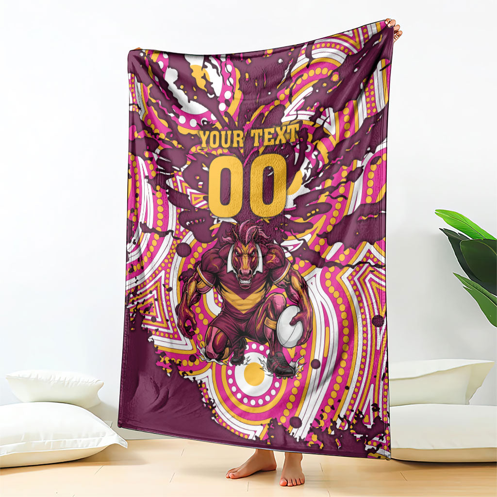 Personalised Brisbane Broncos Rugby Blanket Aboriginal Art Style Pink And Gold Patterned Graphics