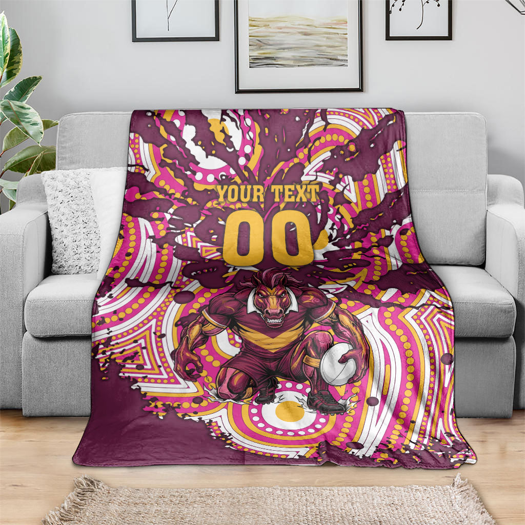 Personalised Brisbane Broncos Rugby Blanket Aboriginal Art Style Pink And Gold Patterned Graphics
