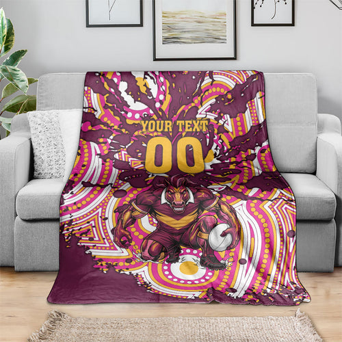 Personalised Brisbane Broncos Rugby Blanket Aboriginal Art Style Pink And Gold Patterned Graphics