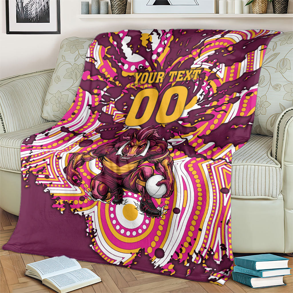 Personalised Brisbane Broncos Rugby Blanket Aboriginal Art Style Pink And Gold Patterned Graphics