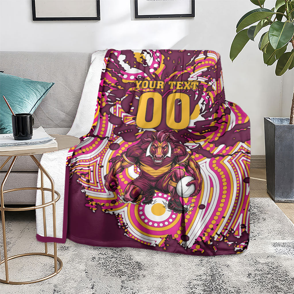 Personalised Brisbane Broncos Rugby Blanket Aboriginal Art Style Pink And Gold Patterned Graphics