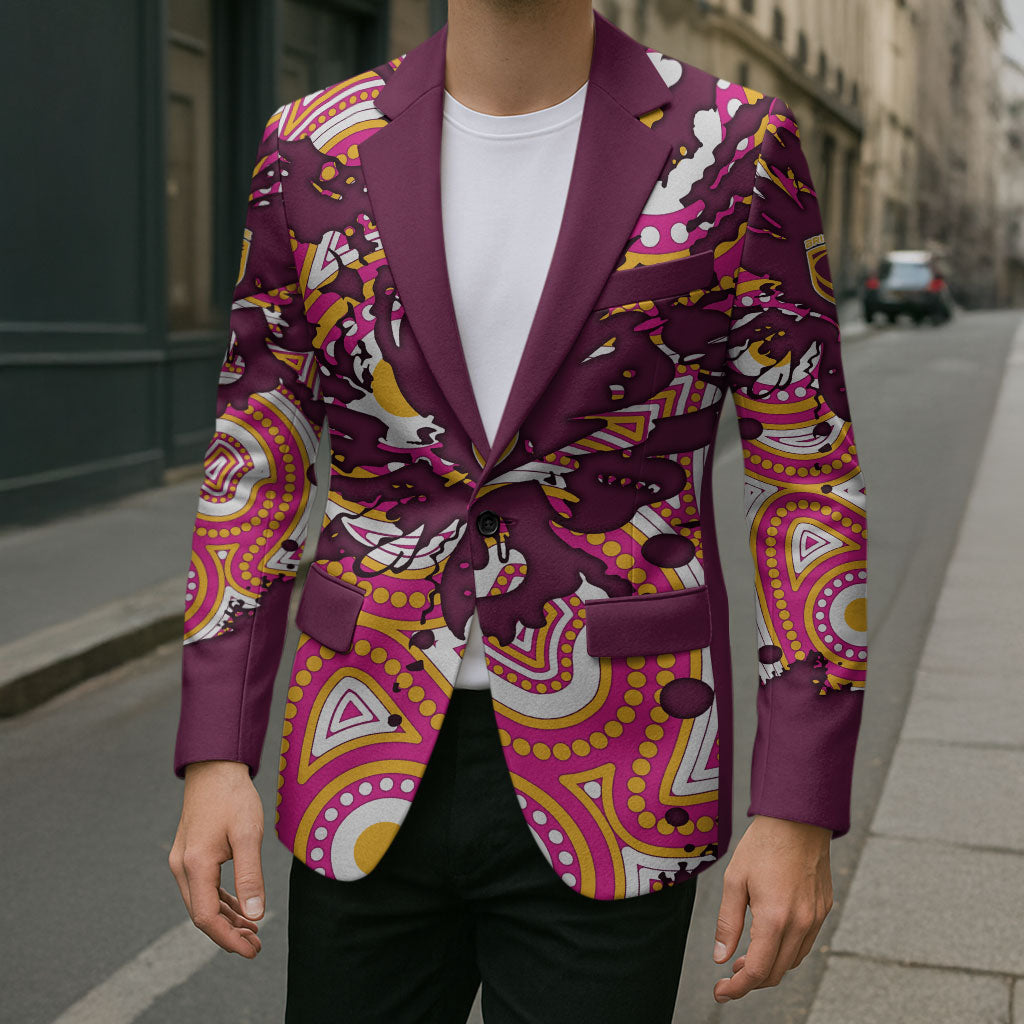 Personalised Brisbane Broncos Rugby Blazer Aboriginal Art Style Pink And Gold Patterned Graphics