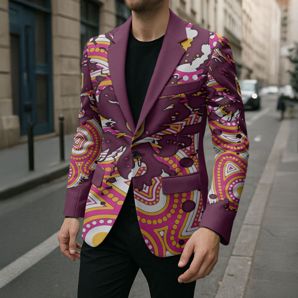 Personalised Brisbane Broncos Rugby Blazer Aboriginal Art Style Pink And Gold Patterned Graphics