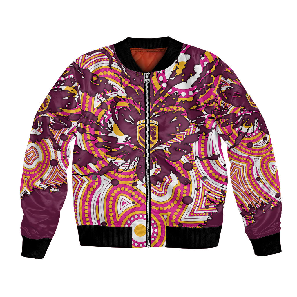 Personalised Brisbane Broncos Rugby Bomber Jacket Aboriginal Art Style Pink And Gold Patterned Graphics