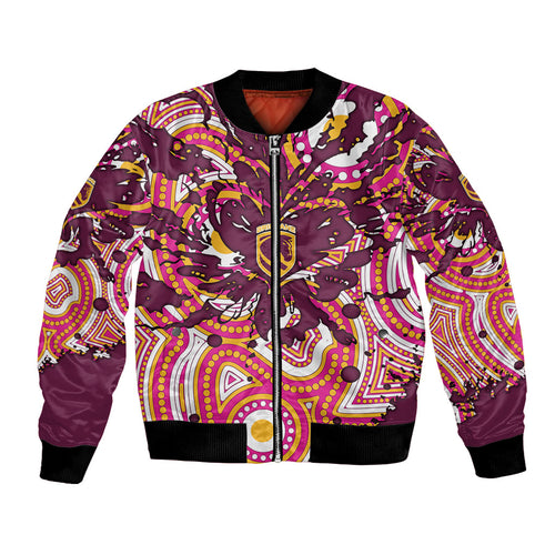 Personalised Brisbane Broncos Rugby Bomber Jacket Aboriginal Art Style Pink And Gold Patterned Graphics