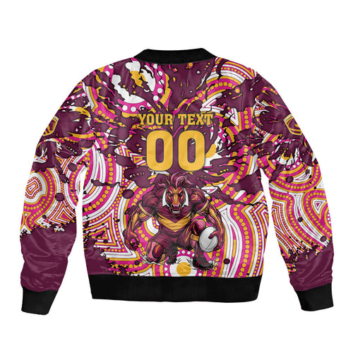 Personalised Brisbane Broncos Rugby Bomber Jacket Aboriginal Art Style Pink And Gold Patterned Graphics