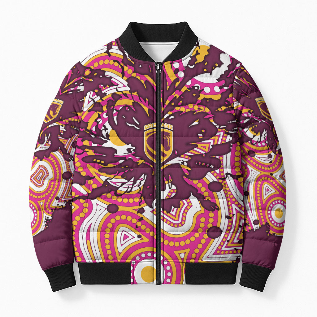 Personalised Brisbane Broncos Rugby Bomber Puffer Jacket Aboriginal Art Style Pink And Gold Patterned Graphics