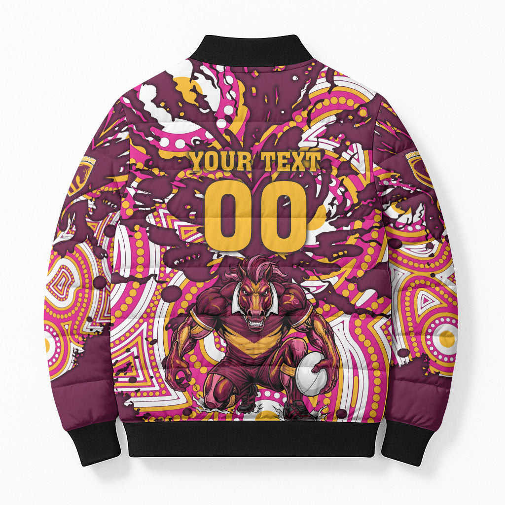 Personalised Brisbane Broncos Rugby Bomber Puffer Jacket Aboriginal Art Style Pink And Gold Patterned Graphics