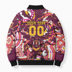 Personalised Brisbane Broncos Rugby Bomber Puffer Jacket Aboriginal Art Style Pink And Gold Patterned Graphics