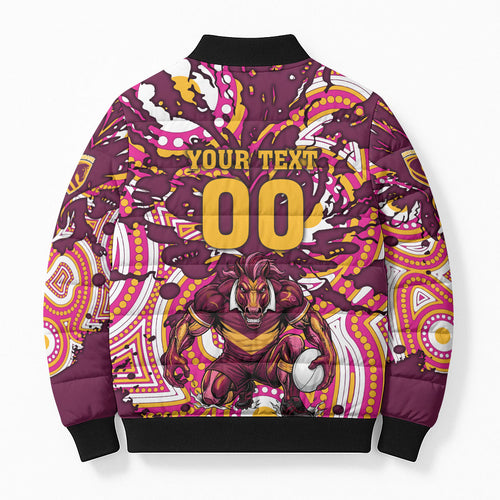 Personalised Brisbane Broncos Rugby Bomber Puffer Jacket Aboriginal Art Style Pink And Gold Patterned Graphics