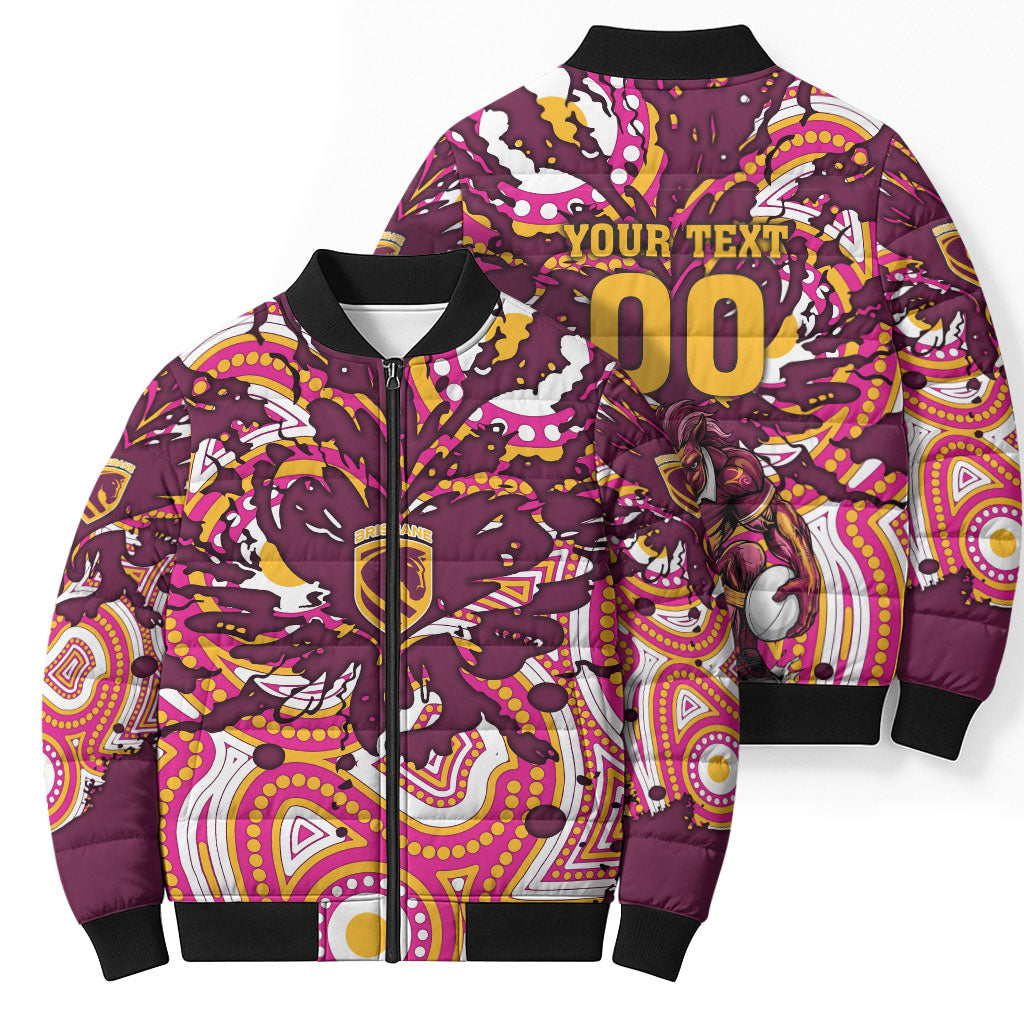 Personalised Brisbane Broncos Rugby Bomber Puffer Jacket Aboriginal Art Style Pink And Gold Patterned Graphics