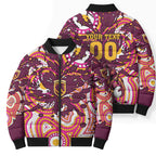 Personalised Brisbane Broncos Rugby Bomber Puffer Jacket Aboriginal Art Style Pink And Gold Patterned Graphics