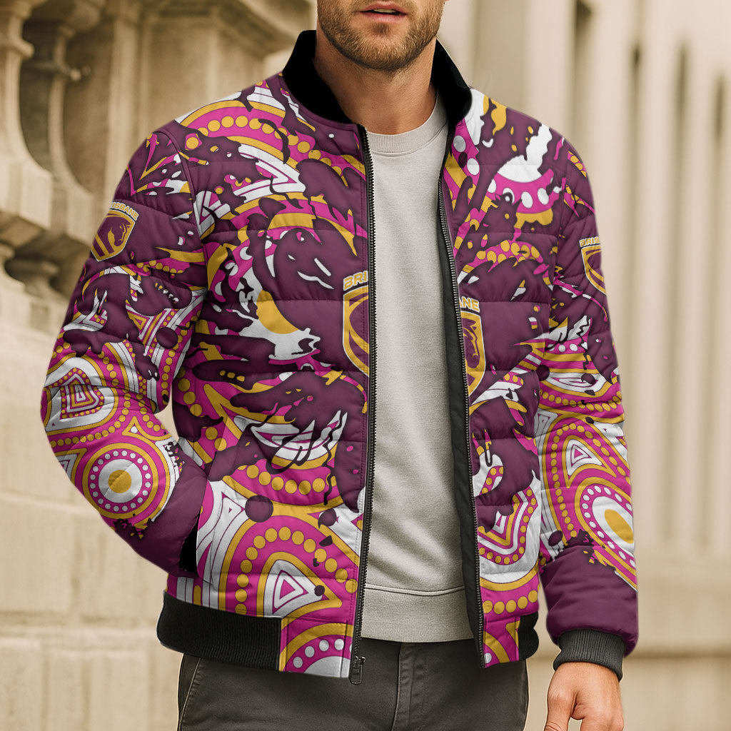 Personalised Brisbane Broncos Rugby Bomber Puffer Jacket Aboriginal Art Style Pink And Gold Patterned Graphics