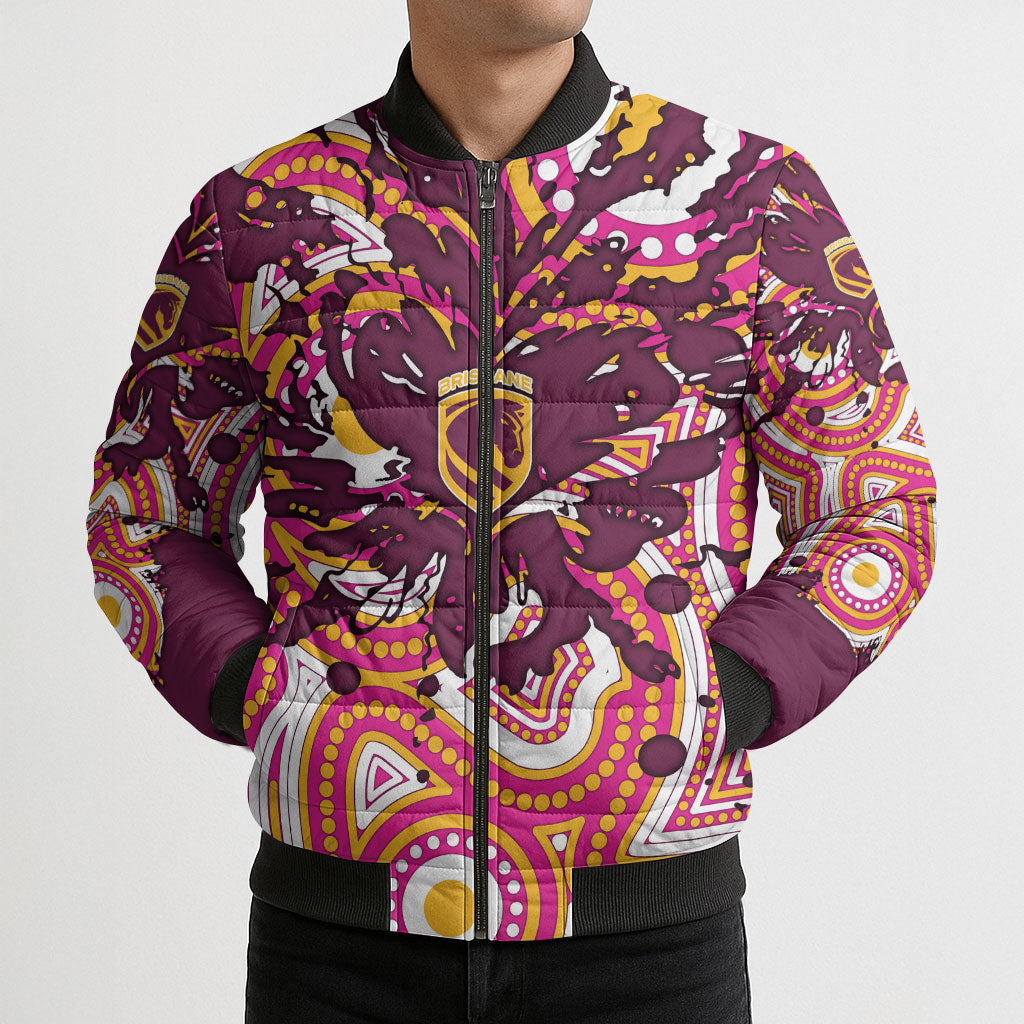 Personalised Brisbane Broncos Rugby Bomber Puffer Jacket Aboriginal Art Style Pink And Gold Patterned Graphics
