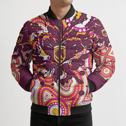 Personalised Brisbane Broncos Rugby Bomber Puffer Jacket Aboriginal Art Style Pink And Gold Patterned Graphics