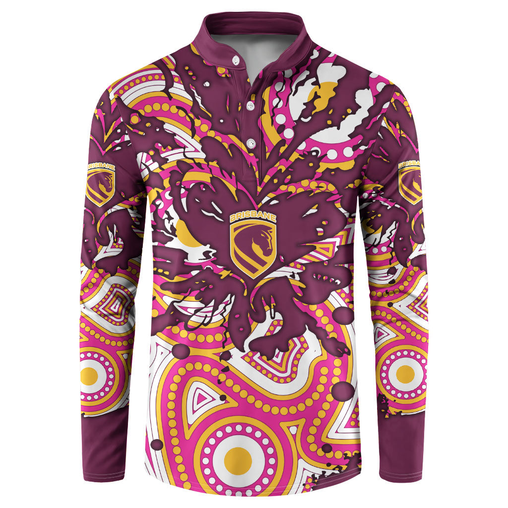 Personalised Brisbane Broncos Rugby Button Sweatshirt Aboriginal Art Style Pink And Gold Patterned Graphics