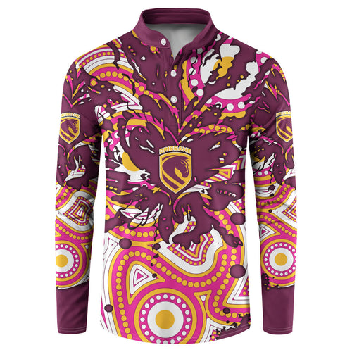 Personalised Brisbane Broncos Rugby Button Sweatshirt Aboriginal Art Style Pink And Gold Patterned Graphics