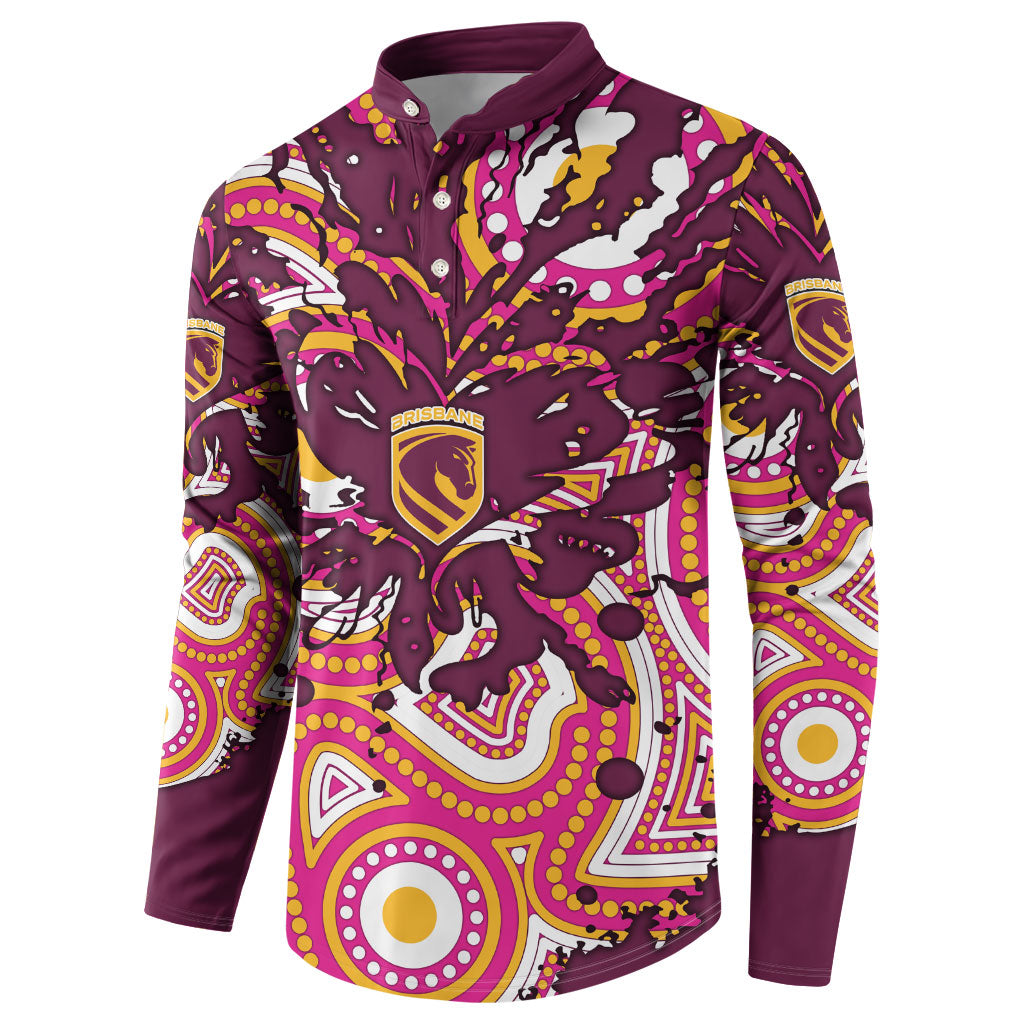 Personalised Brisbane Broncos Rugby Button Sweatshirt Aboriginal Art Style Pink And Gold Patterned Graphics