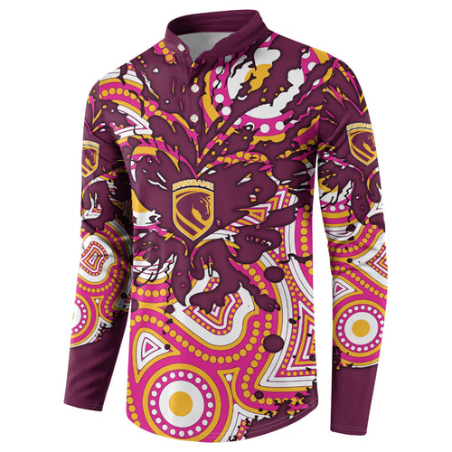 Personalised Brisbane Broncos Rugby Button Sweatshirt Aboriginal Art Style Pink And Gold Patterned Graphics