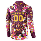 Personalised Brisbane Broncos Rugby Button Sweatshirt Aboriginal Art Style Pink And Gold Patterned Graphics