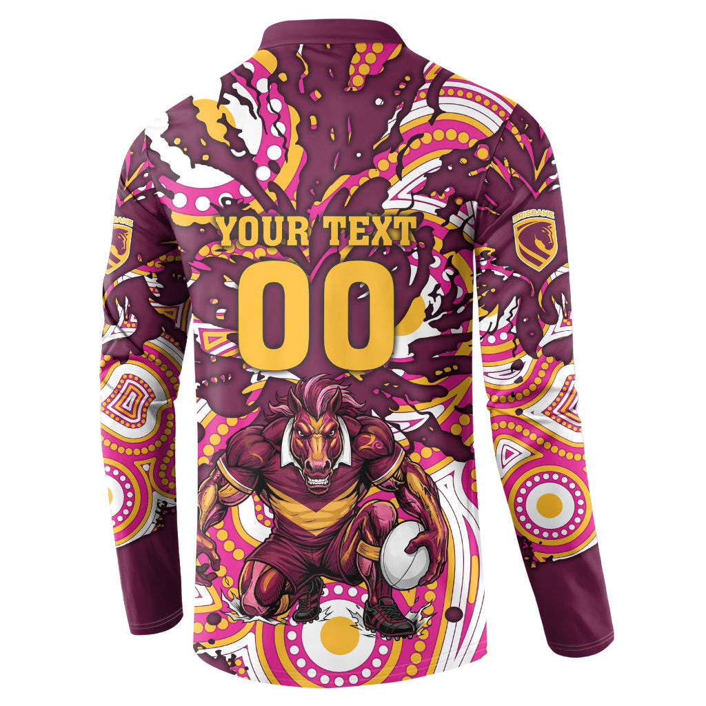 Personalised Brisbane Broncos Rugby Button Sweatshirt Aboriginal Art Style Pink And Gold Patterned Graphics