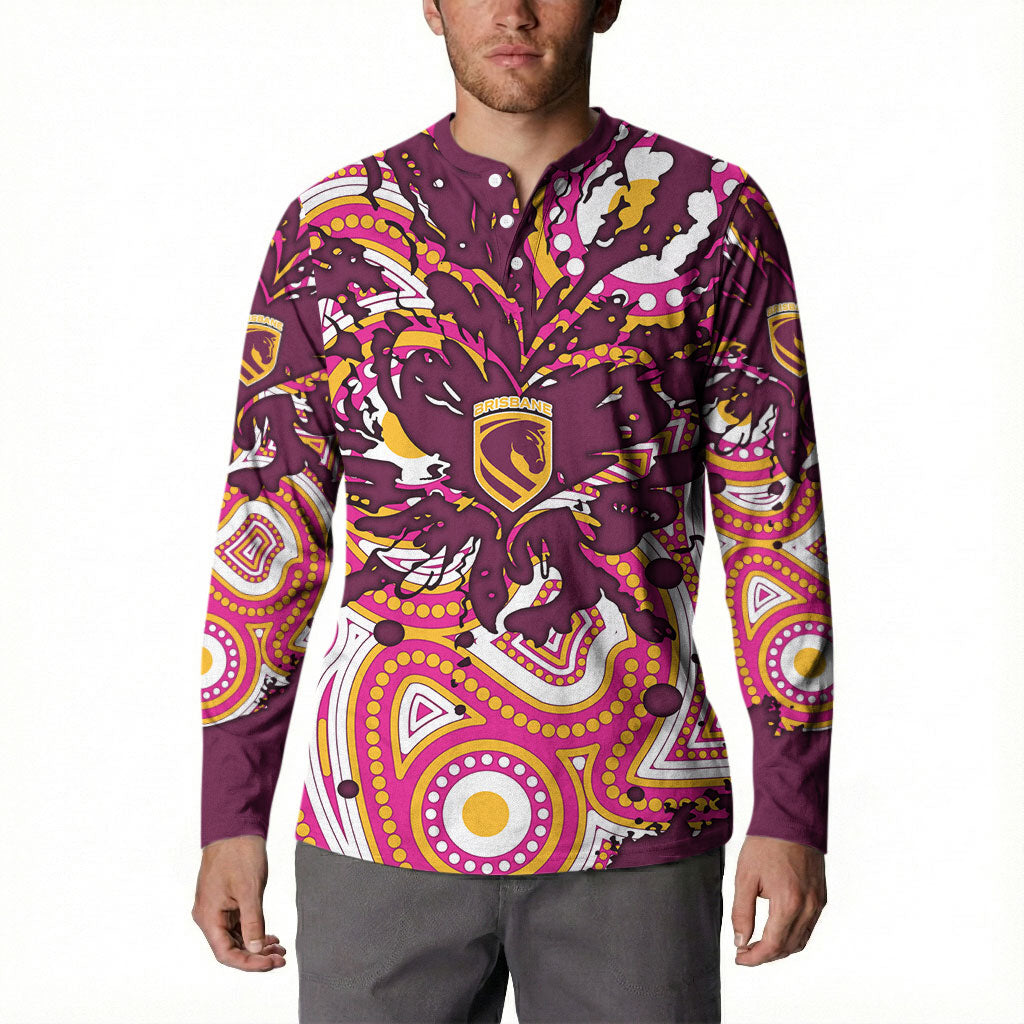 Personalised Brisbane Broncos Rugby Button Sweatshirt Aboriginal Art Style Pink And Gold Patterned Graphics