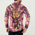 Personalised Brisbane Broncos Rugby Button Sweatshirt Aboriginal Art Style Pink And Gold Patterned Graphics