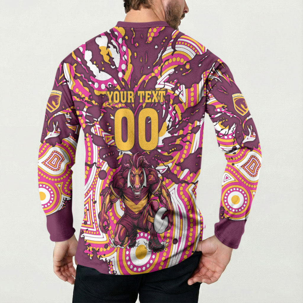 Personalised Brisbane Broncos Rugby Button Sweatshirt Aboriginal Art Style Pink And Gold Patterned Graphics
