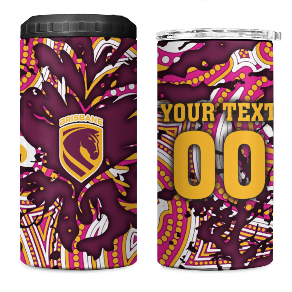 Personalised Brisbane Broncos Rugby 4 in 1 Can Cooler Tumbler Aboriginal Art Style Pink And Gold Patterned Graphics