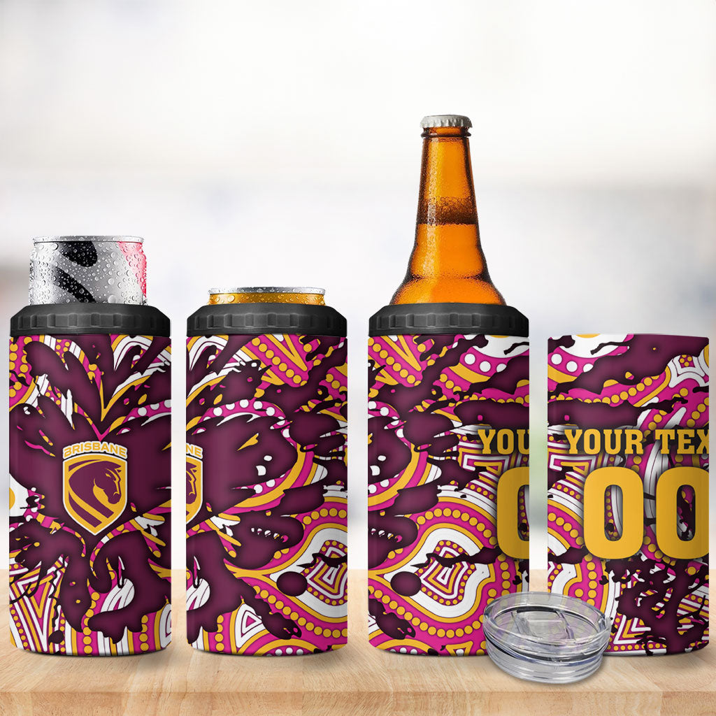 Personalised Brisbane Broncos Rugby 4 in 1 Can Cooler Tumbler Aboriginal Art Style Pink And Gold Patterned Graphics