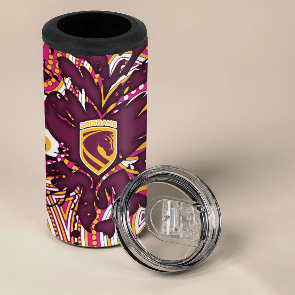 Personalised Brisbane Broncos Rugby 4 in 1 Can Cooler Tumbler Aboriginal Art Style Pink And Gold Patterned Graphics
