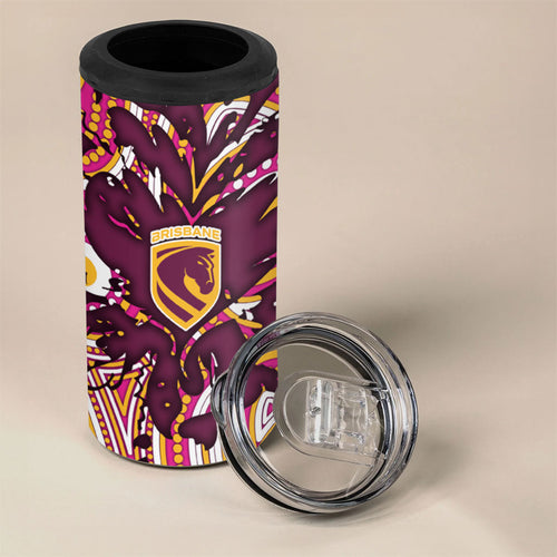 Personalised Brisbane Broncos Rugby 4 in 1 Can Cooler Tumbler Aboriginal Art Style Pink And Gold Patterned Graphics
