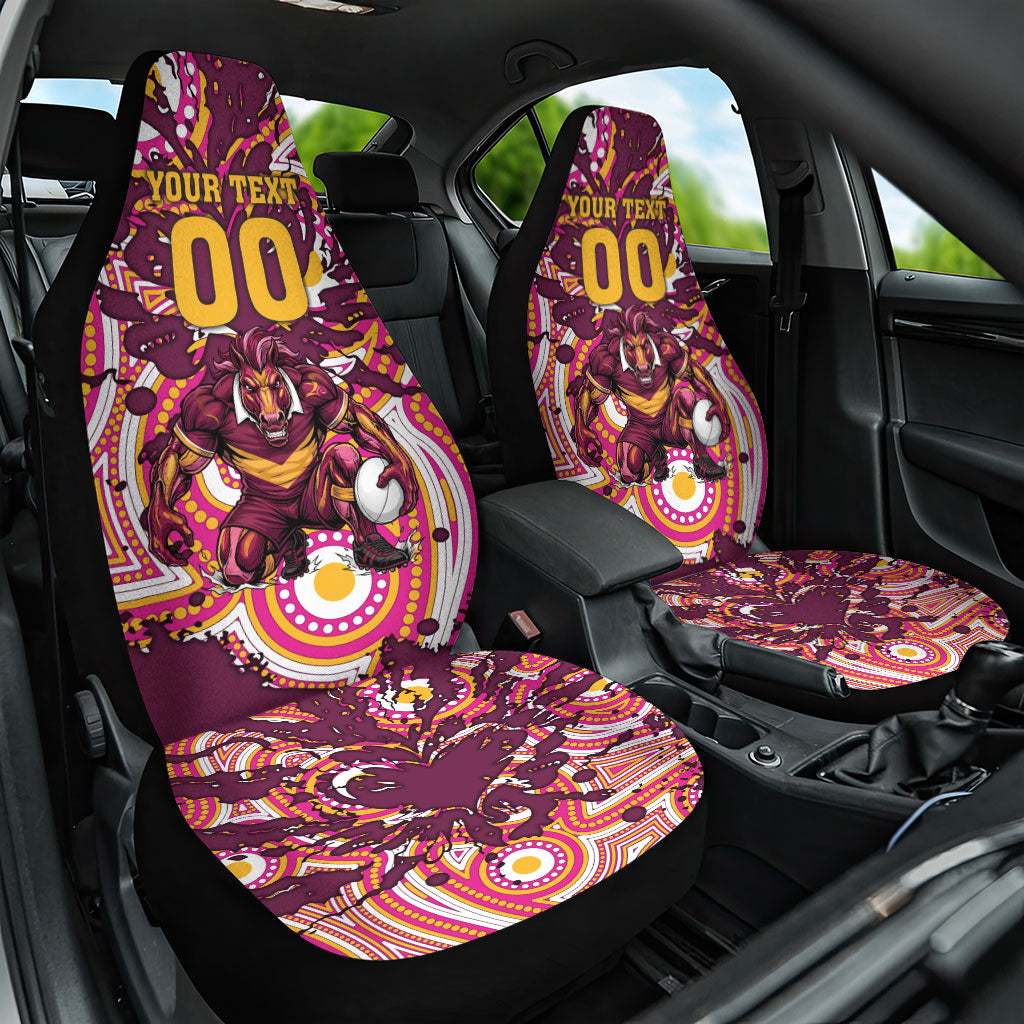 Personalised Brisbane Broncos Rugby Car Seat Cover Aboriginal Art Style Pink And Gold Patterned Graphics