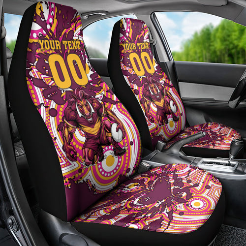 Personalised Brisbane Broncos Rugby Car Seat Cover Aboriginal Art Style Pink And Gold Patterned Graphics